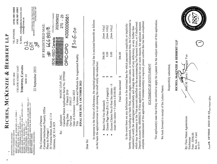 Canadian Patent Document 2979560. Completion Fee - PCT 20230922. Image 1 of 1
