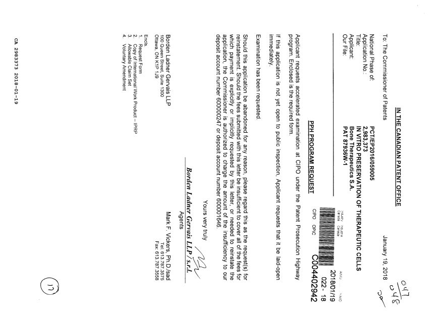 Document de brevet canadien 2983373. Requête ATDB (PPH) 20180119. Image 1 de 17
