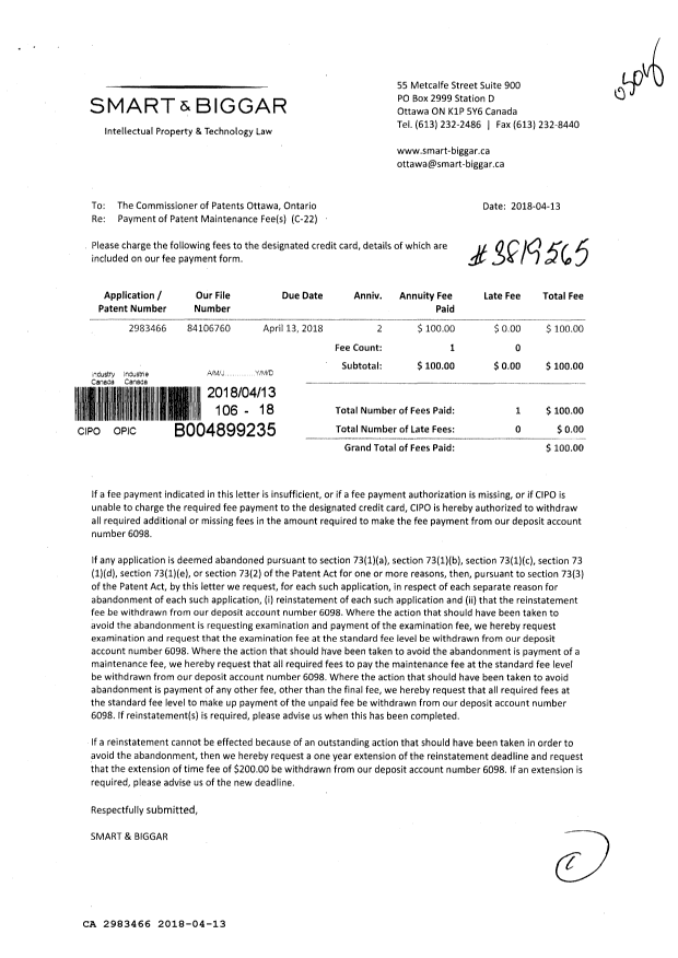 Document de brevet canadien 2983466. Paiement de taxe périodique 20180413. Image 1 de 1