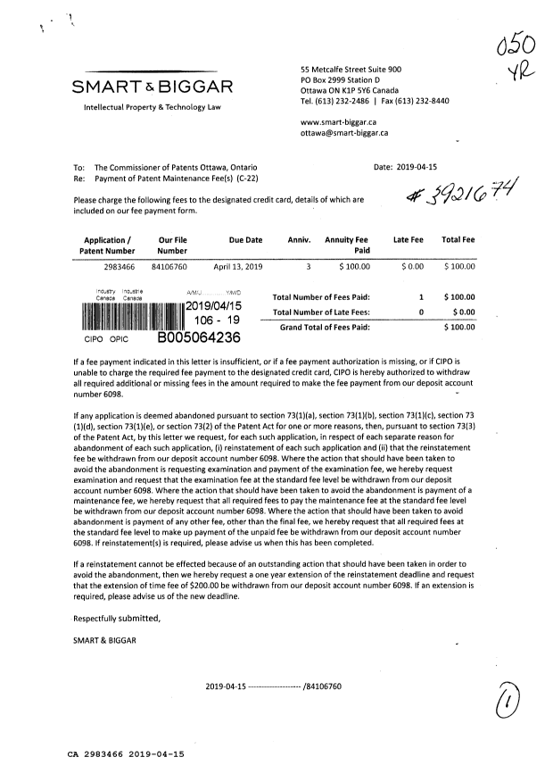 Document de brevet canadien 2983466. Paiement de taxe périodique 20190415. Image 1 de 1