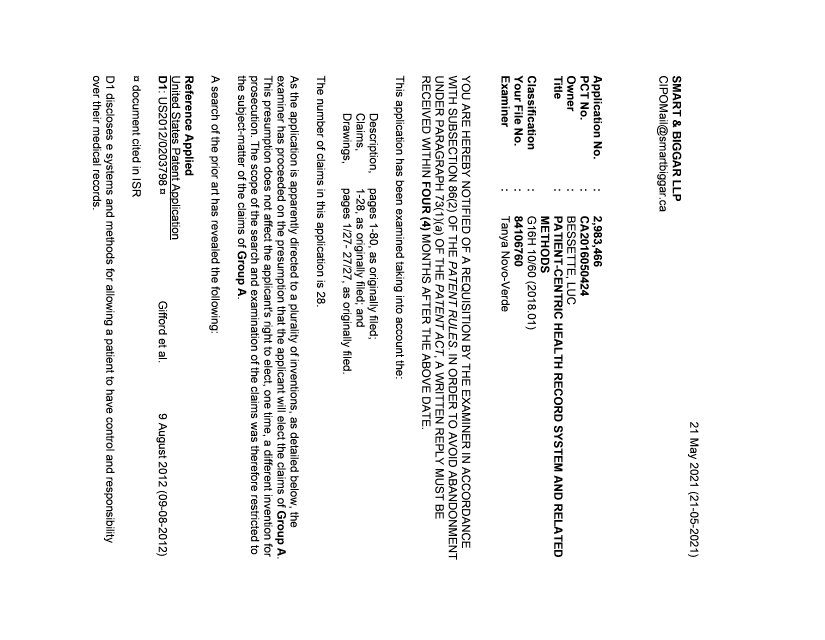Document de brevet canadien 2983466. Demande d'examen 20210521. Image 1 de 6