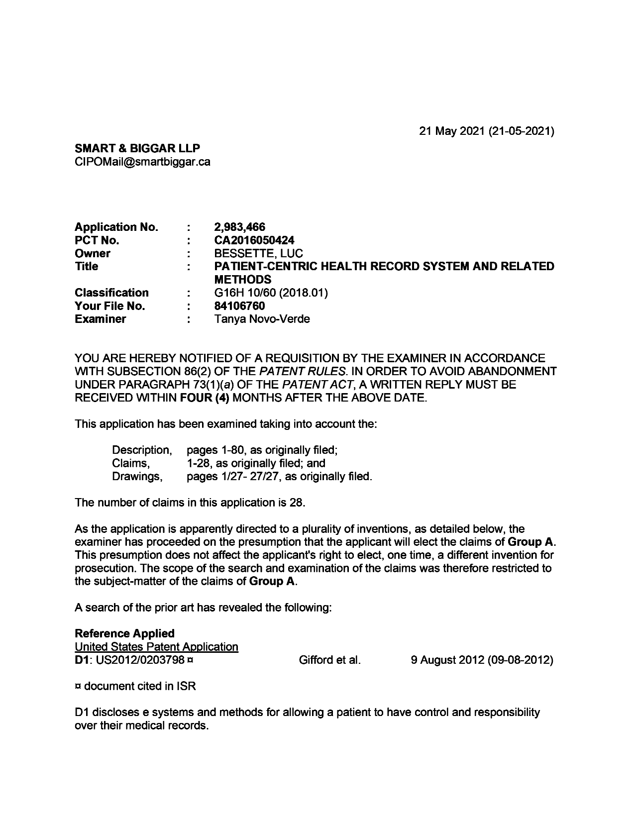 Document de brevet canadien 2983466. Demande d'examen 20210521. Image 1 de 6