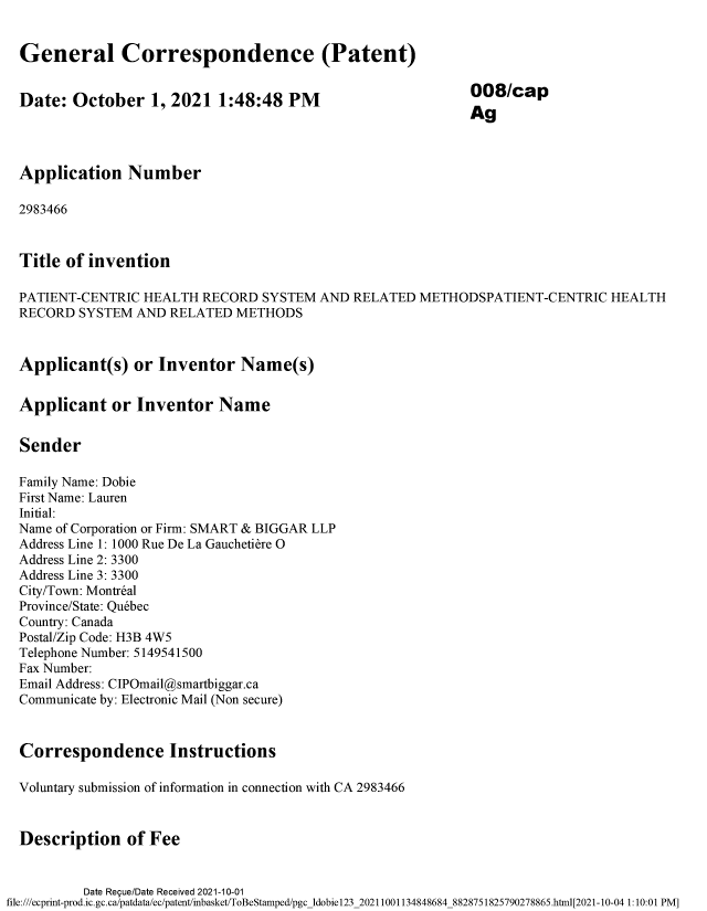 Document de brevet canadien 2983466. Modification 20211001. Image 1 de 5
