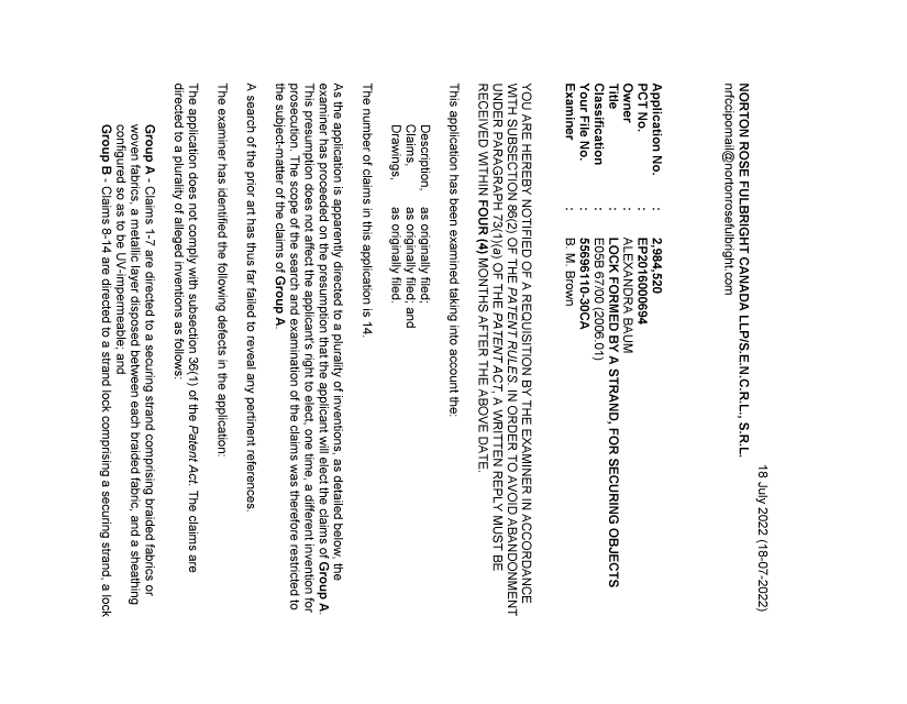 Document de brevet canadien 2984520. Demande d'examen 20220718. Image 1 de 4