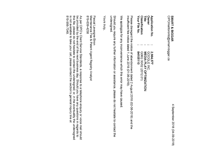Document de brevet canadien 2984577. Lettre du bureau 20180904. Image 1 de 1