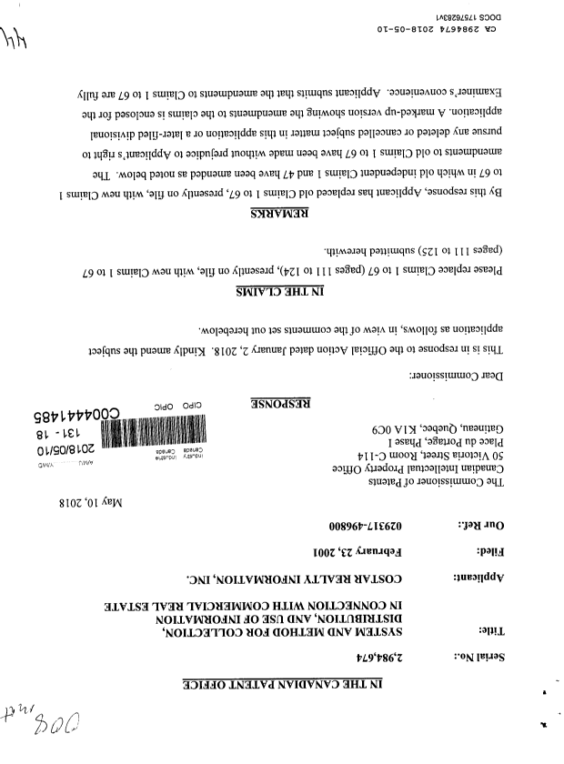 Canadian Patent Document 2984674. Amendment 20180510. Image 1 of 44