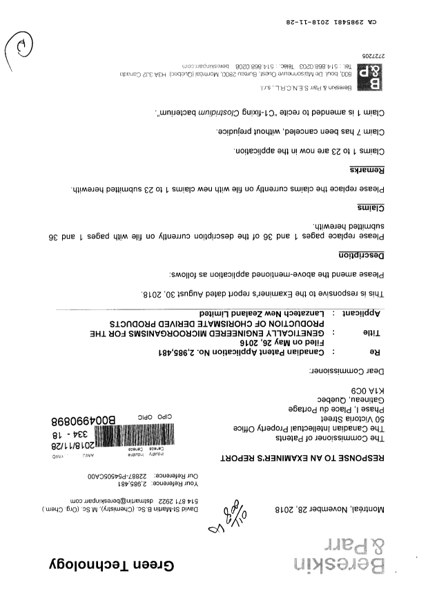 Canadian Patent Document 2985481. Amendment 20181128. Image 1 of 12