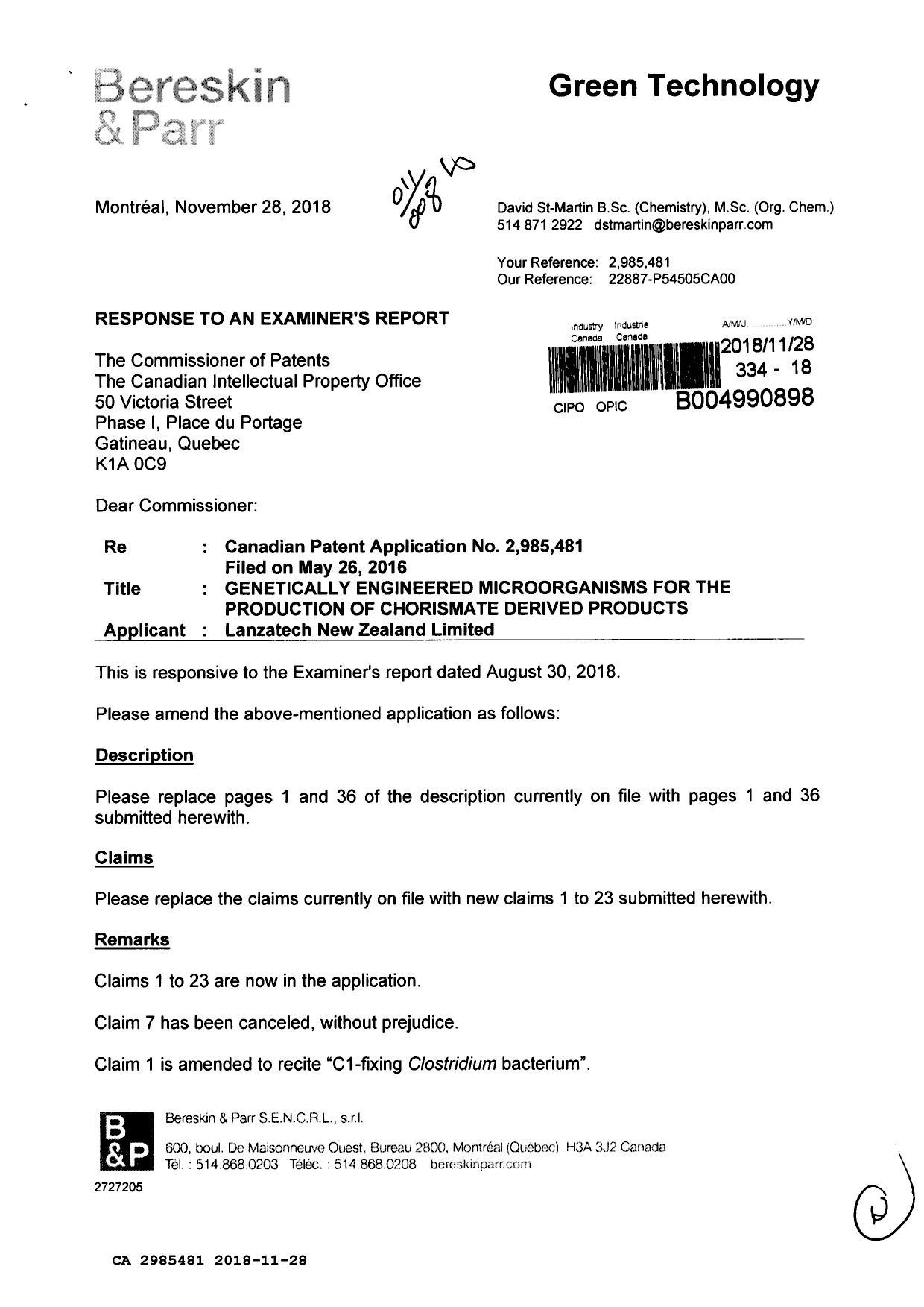 Document de brevet canadien 2985481. Modification 20181128. Image 1 de 12