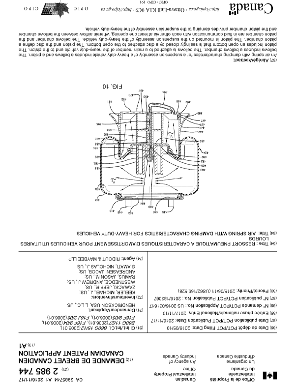 Canadian Patent Document 2985744. Cover Page 20171129. Image 1 of 1