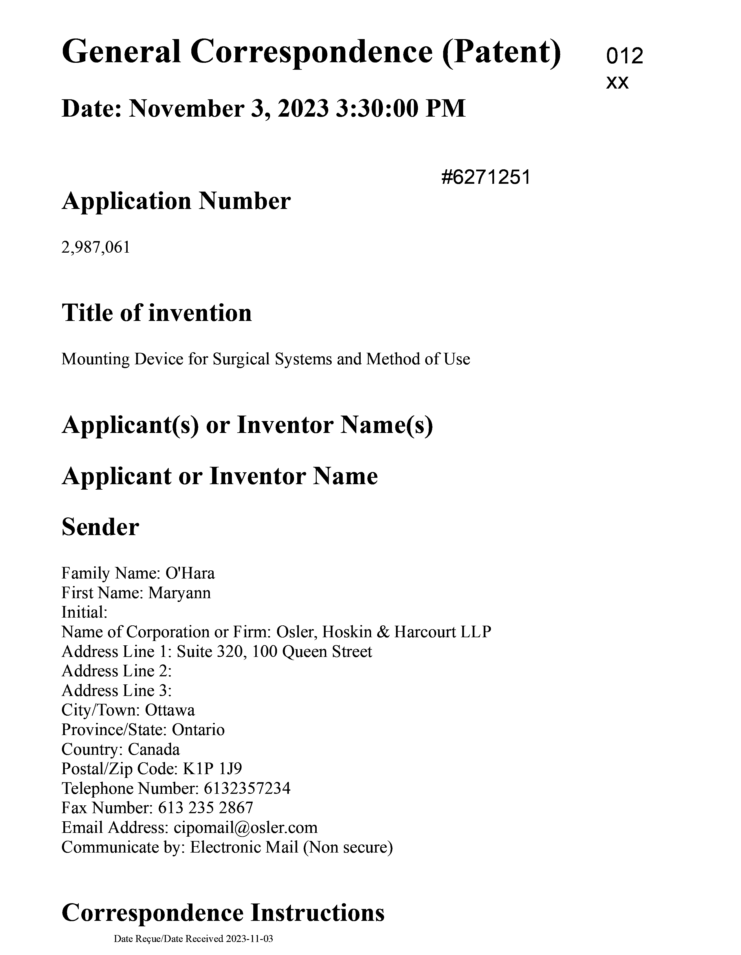 Canadian Patent Document 2987061. Final Fee 20231103. Image 1 of 4