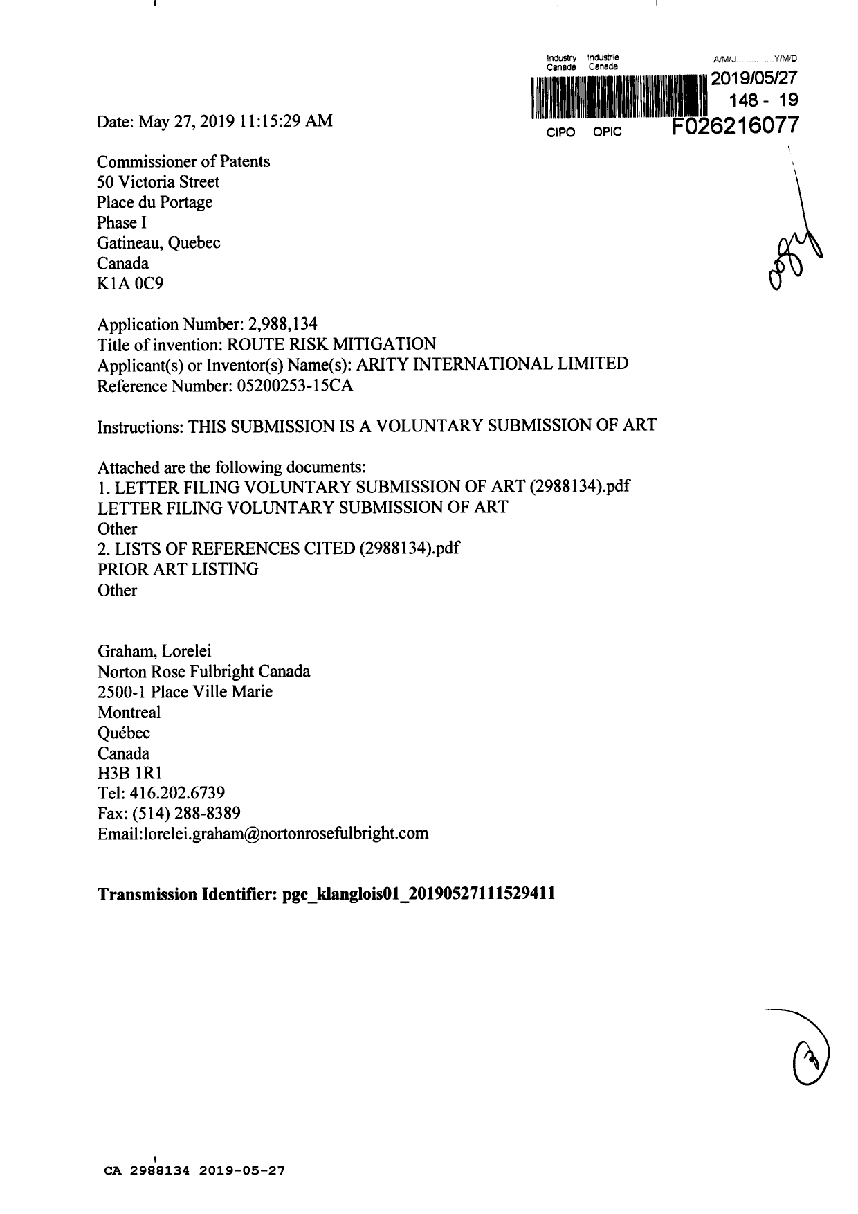 Document de brevet canadien 2988134. Modification 20190527. Image 1 de 3
