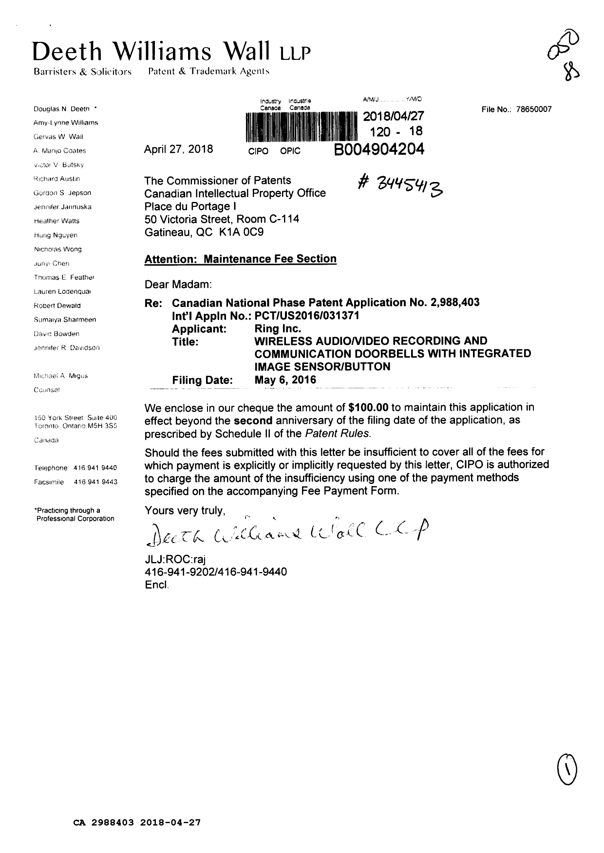 Document de brevet canadien 2988403. Paiement de taxe périodique 20180427. Image 1 de 1