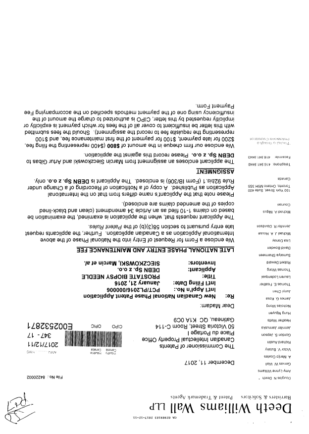 Document de brevet canadien 2989103. Demande d'entrée en phase nationale 20171211. Image 1 de 6