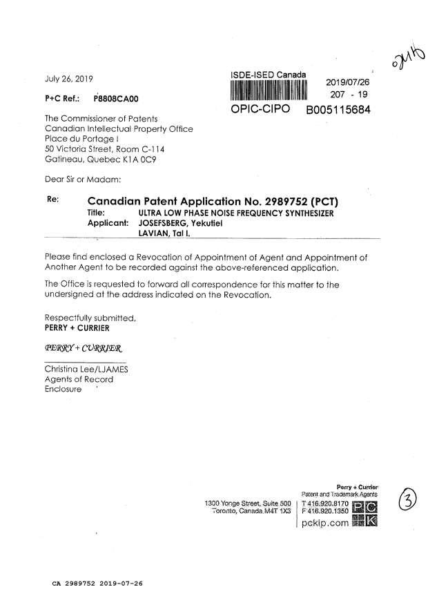 Canadian Patent Document 2989752. Change of Agent 20190726. Image 1 of 3