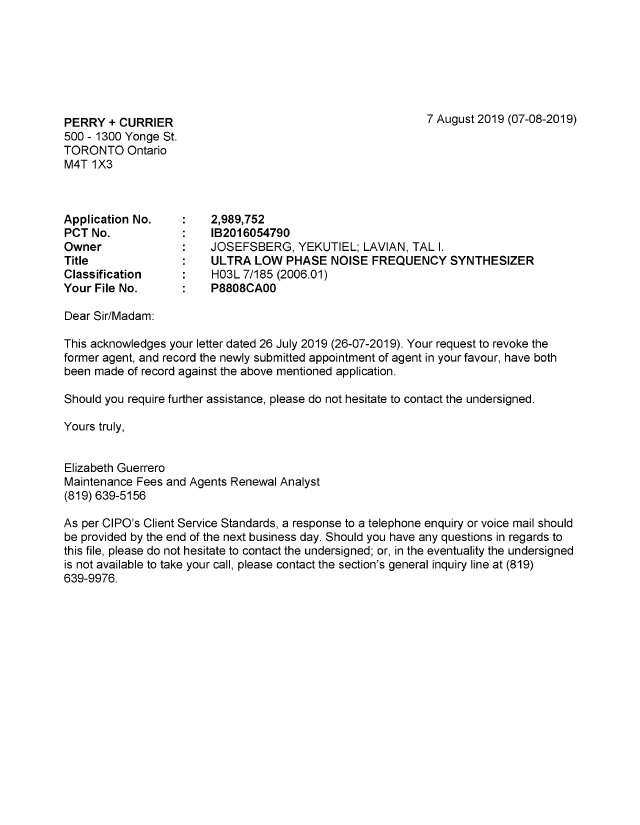 Canadian Patent Document 2989752. Office Letter 20190807. Image 1 of 1