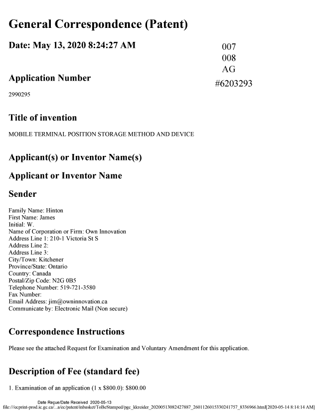 Document de brevet canadien 2990295. Modification 20200513. Image 1 de 10
