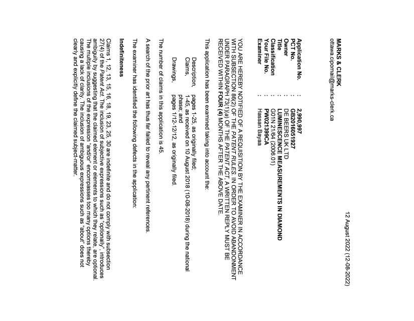 Document de brevet canadien 2990997. Demande d'examen 20220812. Image 1 de 3