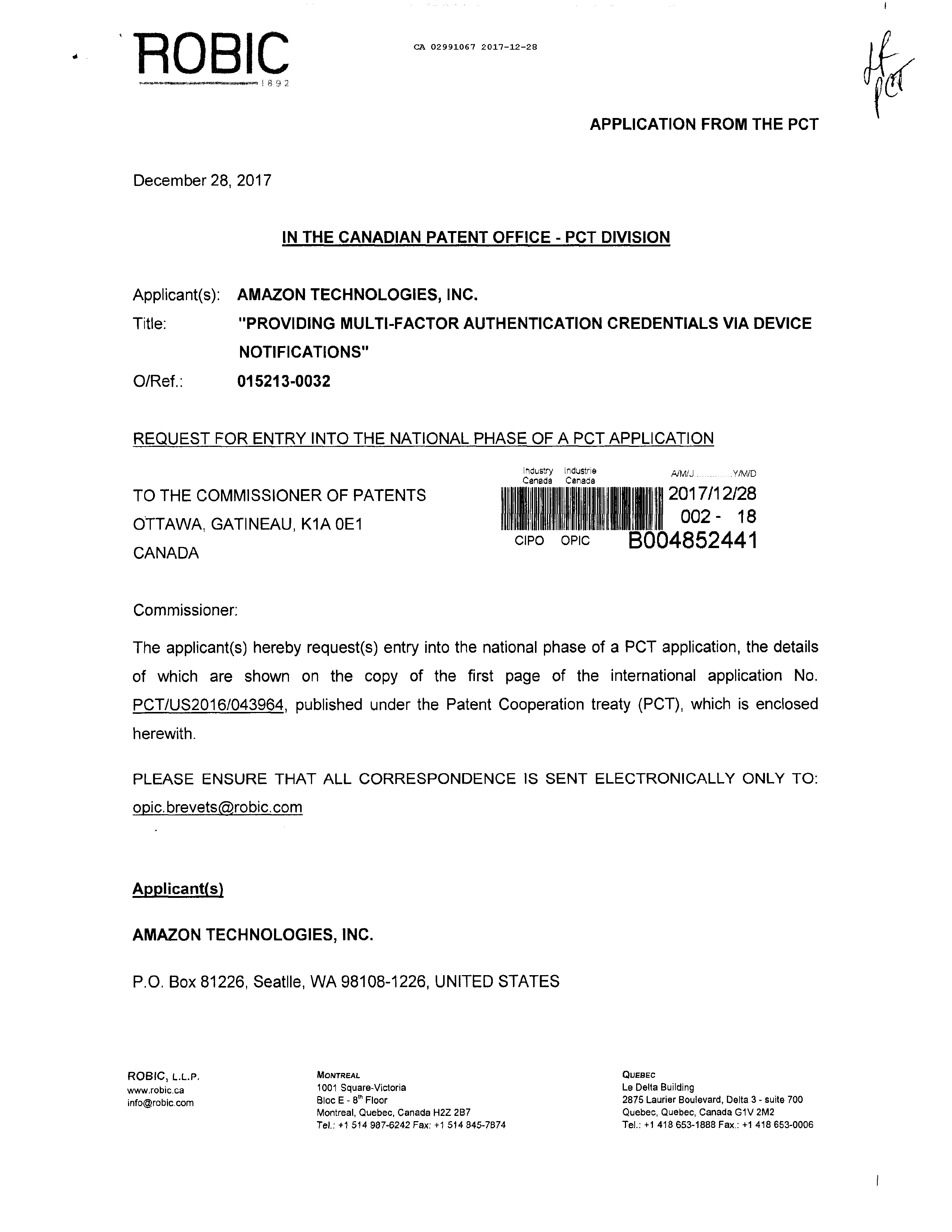 Canadian Patent Document 2991067. National Entry Request 20171228. Image 1 of 15