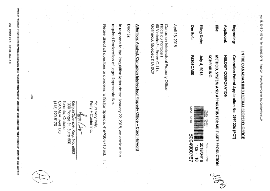 Document de brevet canadien 2991226. Correspondance reliée au PCT 20180418. Image 1 de 4