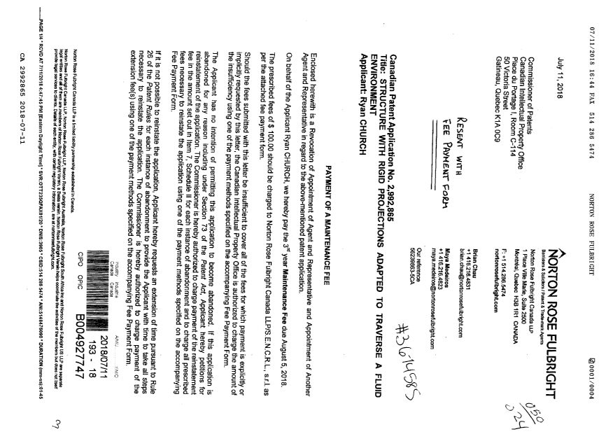 Document de brevet canadien 2992865. Changement de nomination d'agent 20180711. Image 1 de 3
