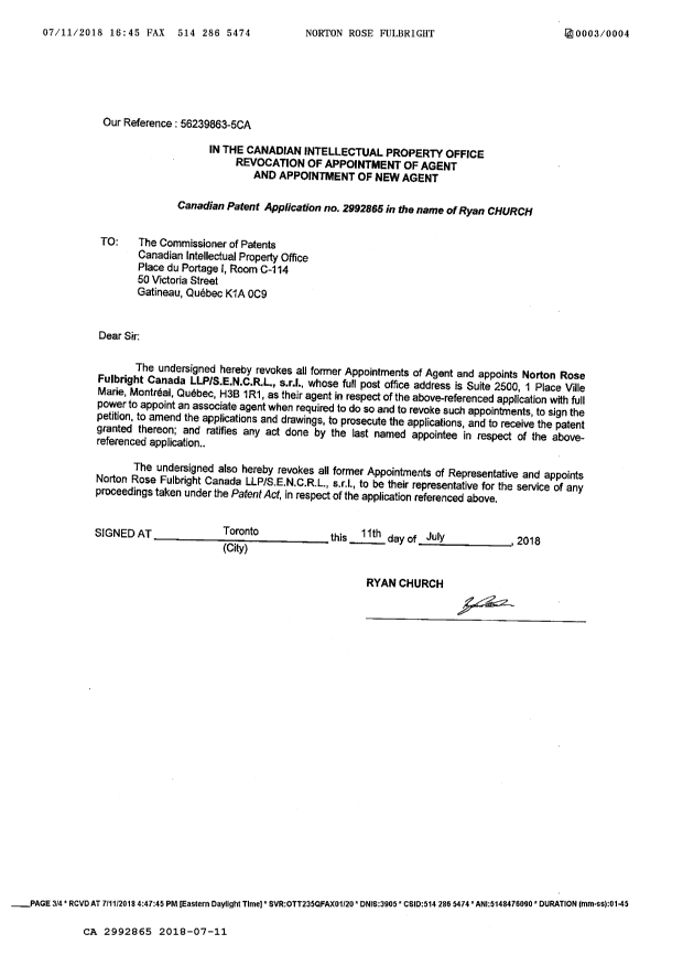 Document de brevet canadien 2992865. Changement de nomination d'agent 20180711. Image 3 de 3