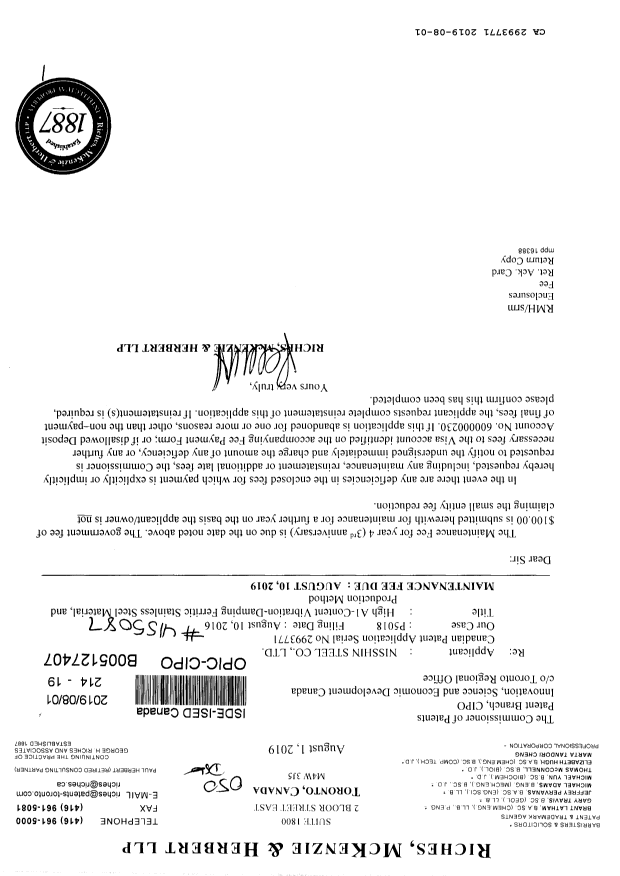 Canadian Patent Document 2993771. Maintenance Fee Payment 20190801. Image 1 of 1