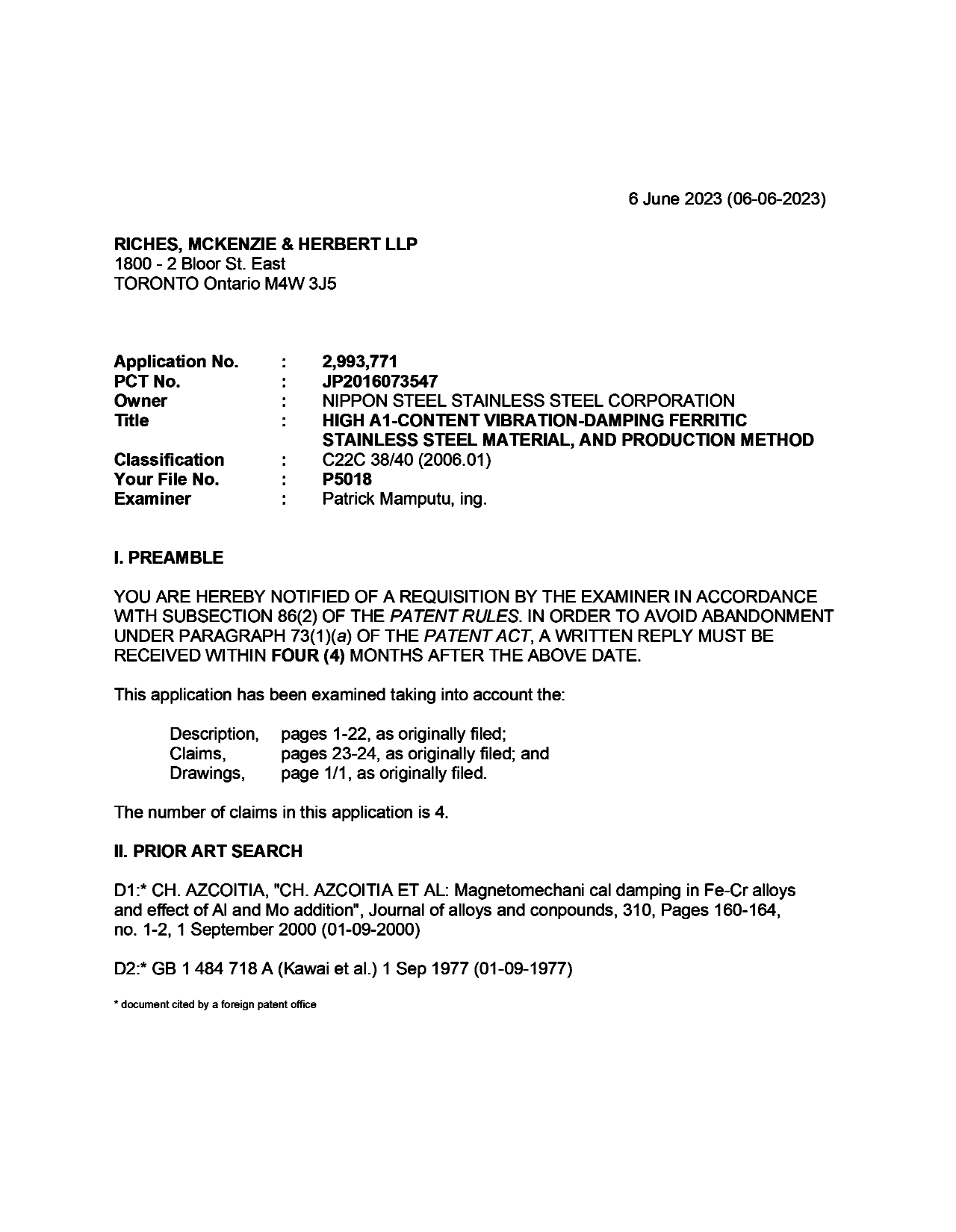Document de brevet canadien 2993771. Demande d'examen 20230606. Image 1 de 4