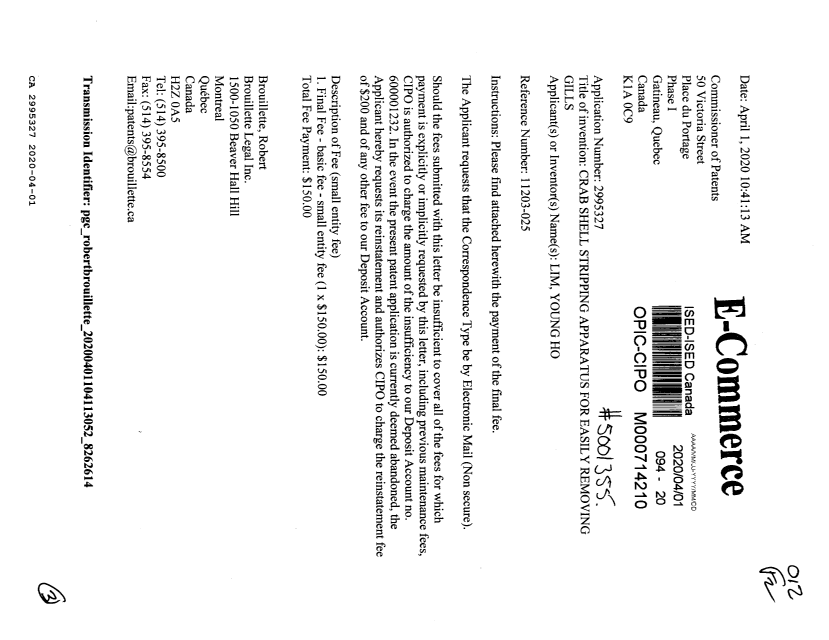 Document de brevet canadien 2995327. Taxe finale 20200401. Image 1 de 3