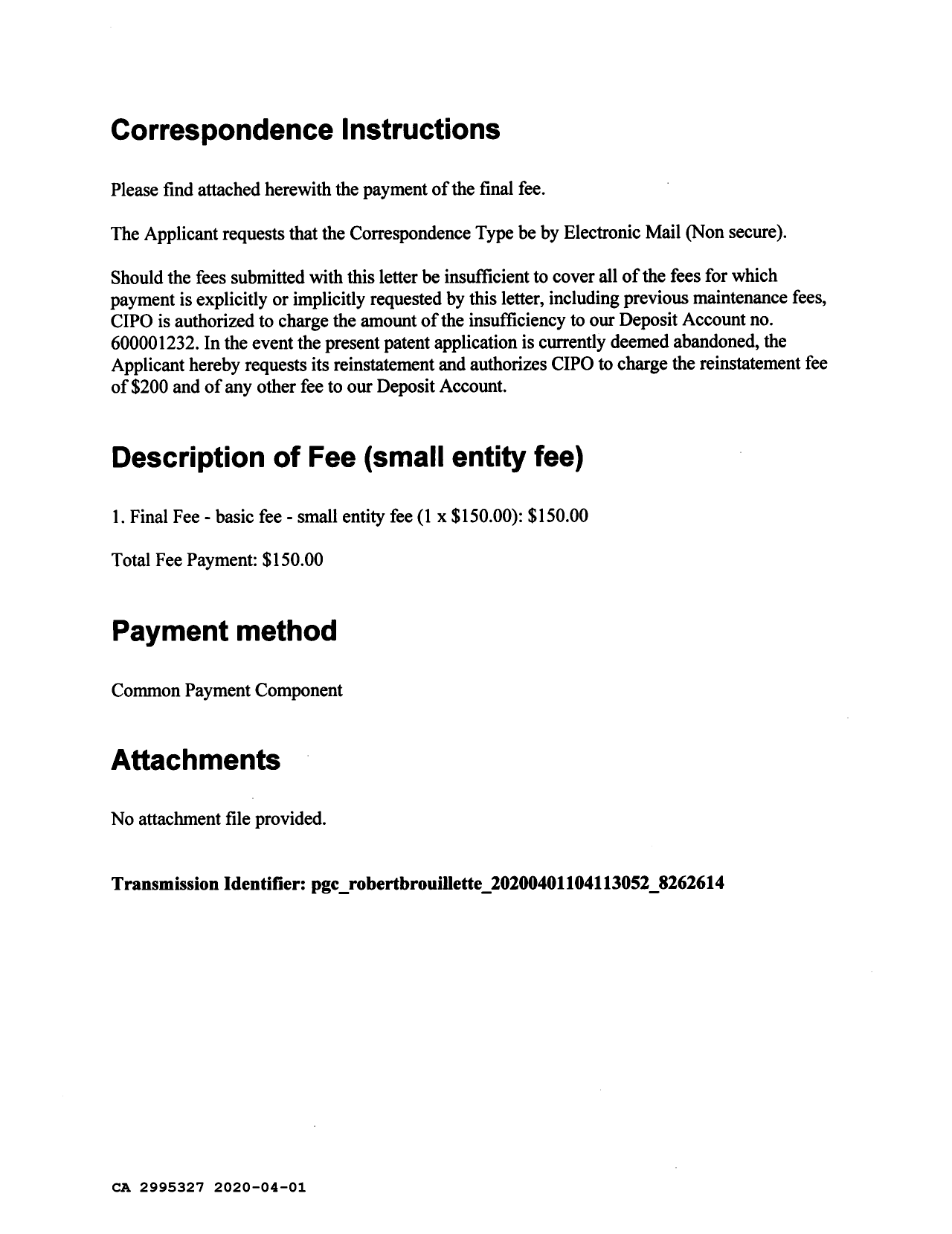 Canadian Patent Document 2995327. Final Fee 20200401. Image 3 of 3