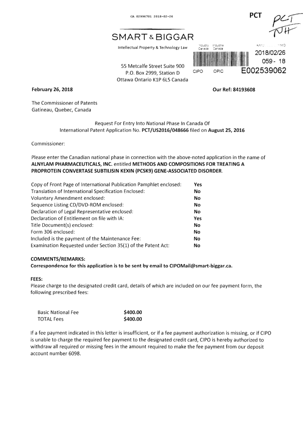 Document de brevet canadien 2996701. Demande d'entrée en phase nationale 20180226. Image 1 de 2