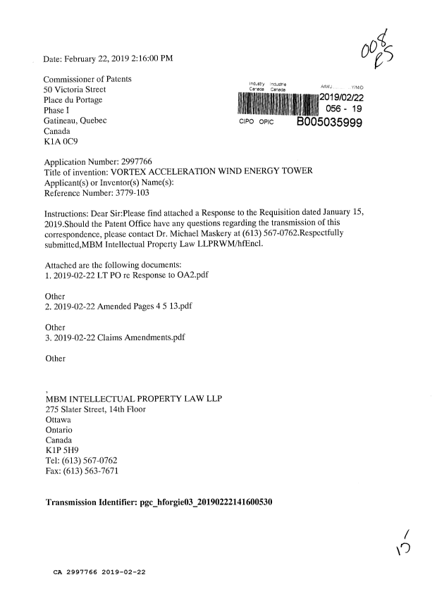 Document de brevet canadien 2997766. Modification 20190222. Image 1 de 15