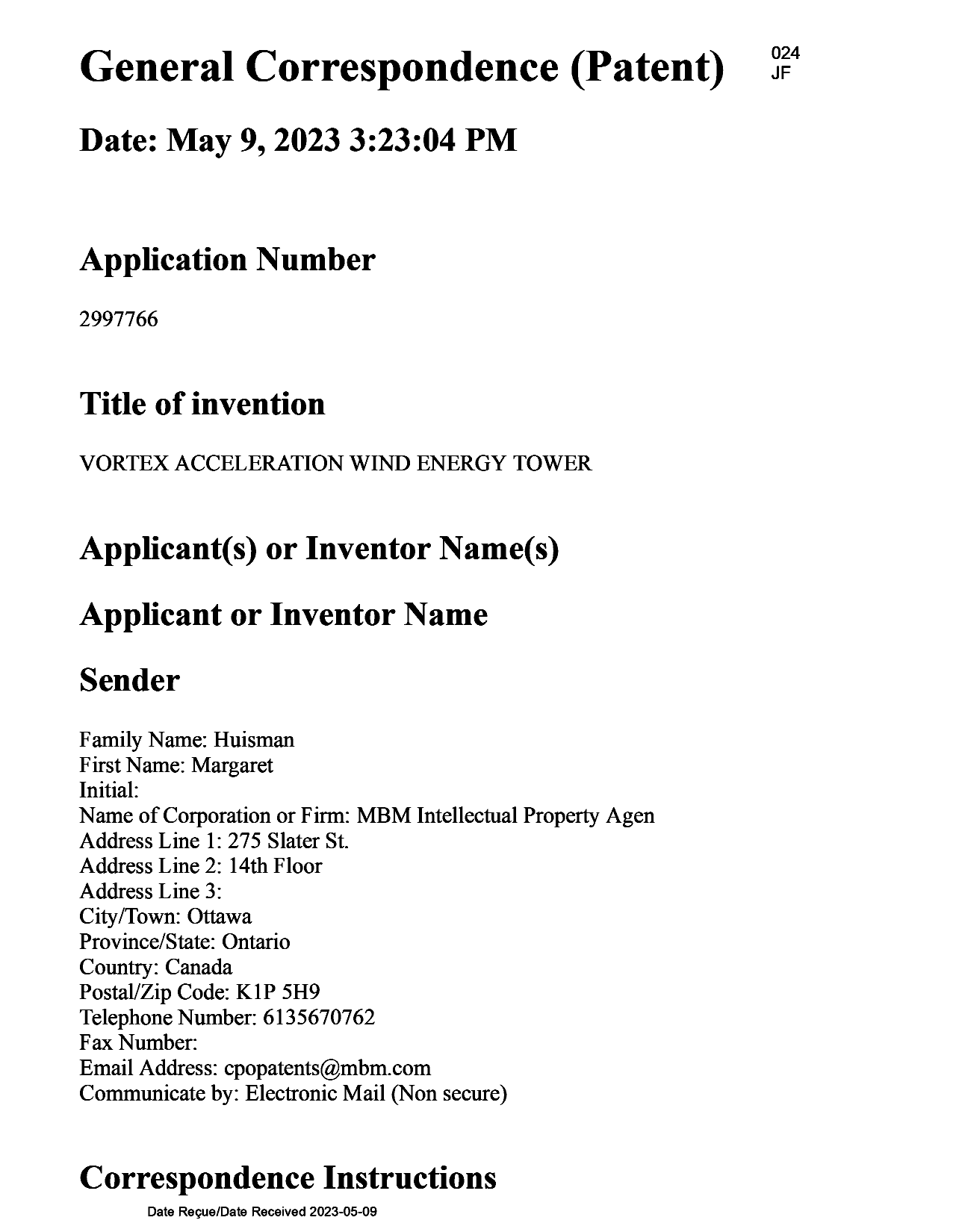 Canadian Patent Document 2997766. Change of Agent 20230509. Image 1 of 4