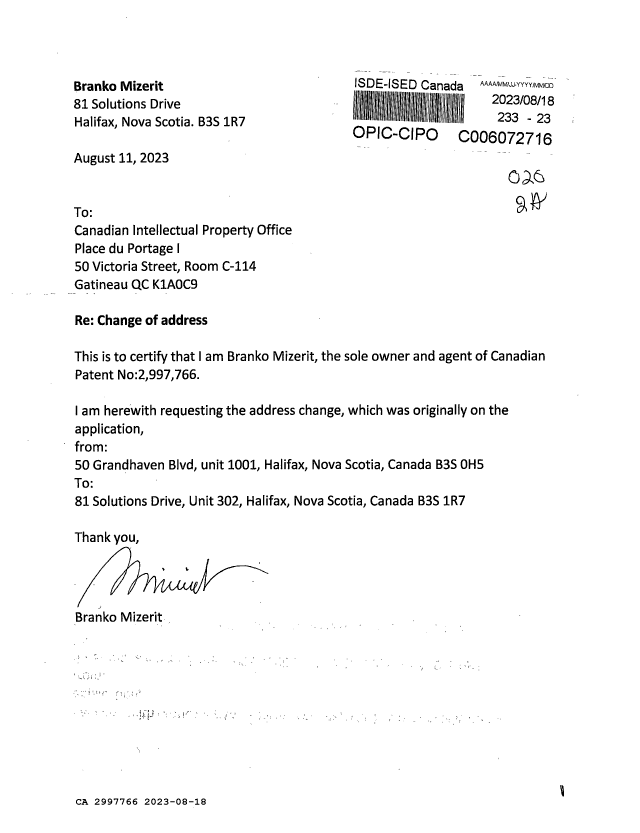 Document de brevet canadien 2997766. Correspondance reliée aux formalités 20230818. Image 1 de 1