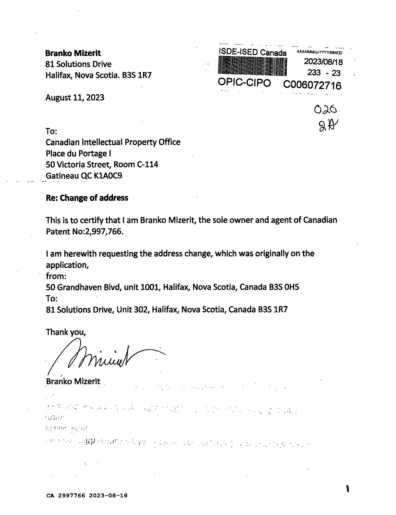 Canadian Patent Document 2997766. Correspondence Related to Formalities 20230818. Image 1 of 1