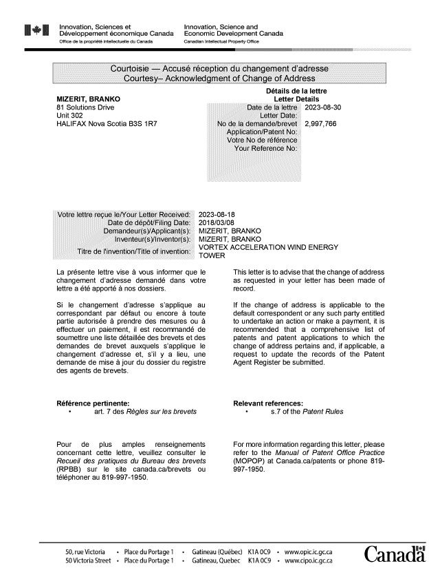 Document de brevet canadien 2997766. Lettre du bureau 20230830. Image 1 de 2