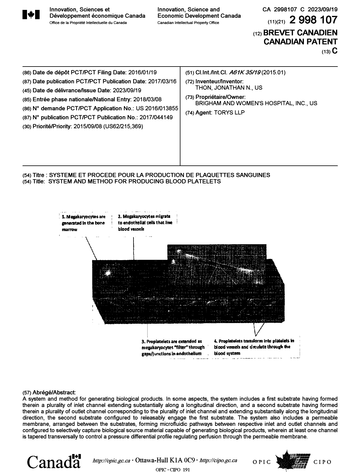 Document de brevet canadien 2998107. Page couverture 20230830. Image 1 de 1