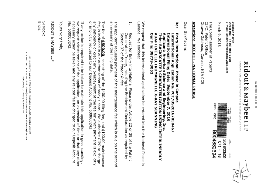 Document de brevet canadien 2998364. Demande d'entrée en phase nationale 20180309. Image 1 de 3