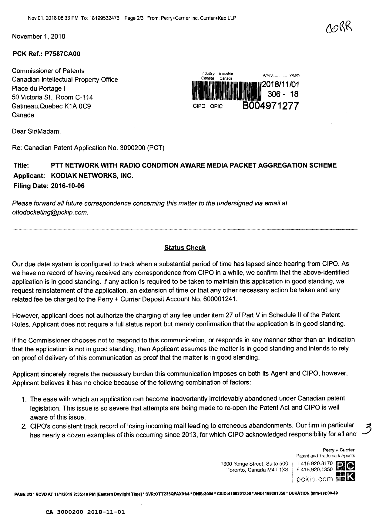 Document de brevet canadien 3000200. Correspondance reliée au PCT 20181101. Image 1 de 3