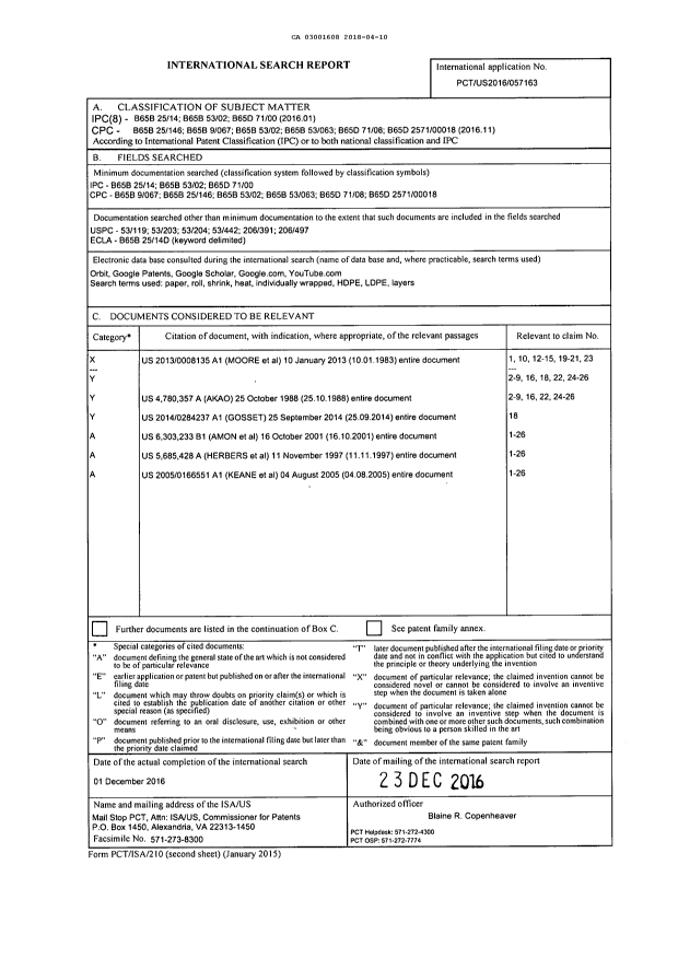 Canadian Patent Document 3001608. International Search Report 20180410. Image 1 of 1