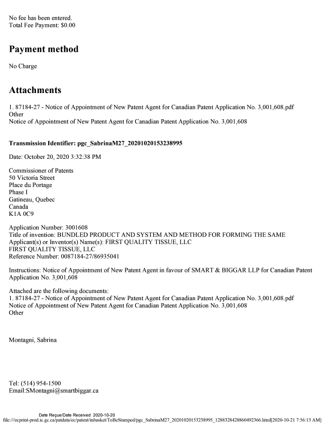 Document de brevet canadien 3001608. Changement No. dossier agent 20201020. Image 2 de 6