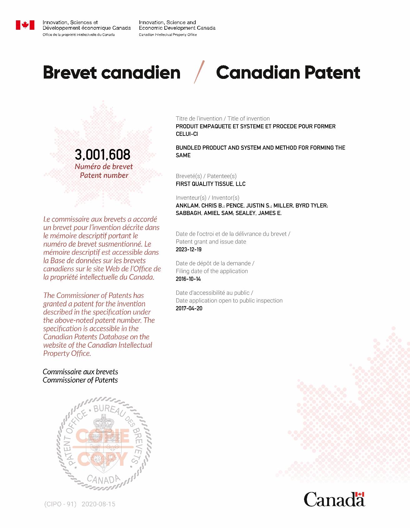 Document de brevet canadien 3001608. Certificat électronique d'octroi 20231219. Image 1 de 1