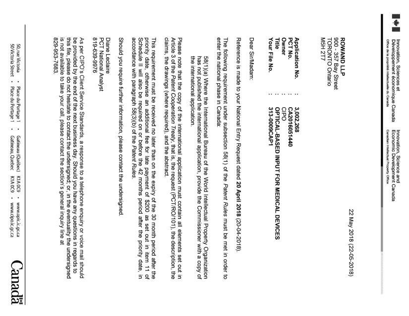 Document de brevet canadien 3002268. Lettre du bureau 20180522. Image 1 de 1