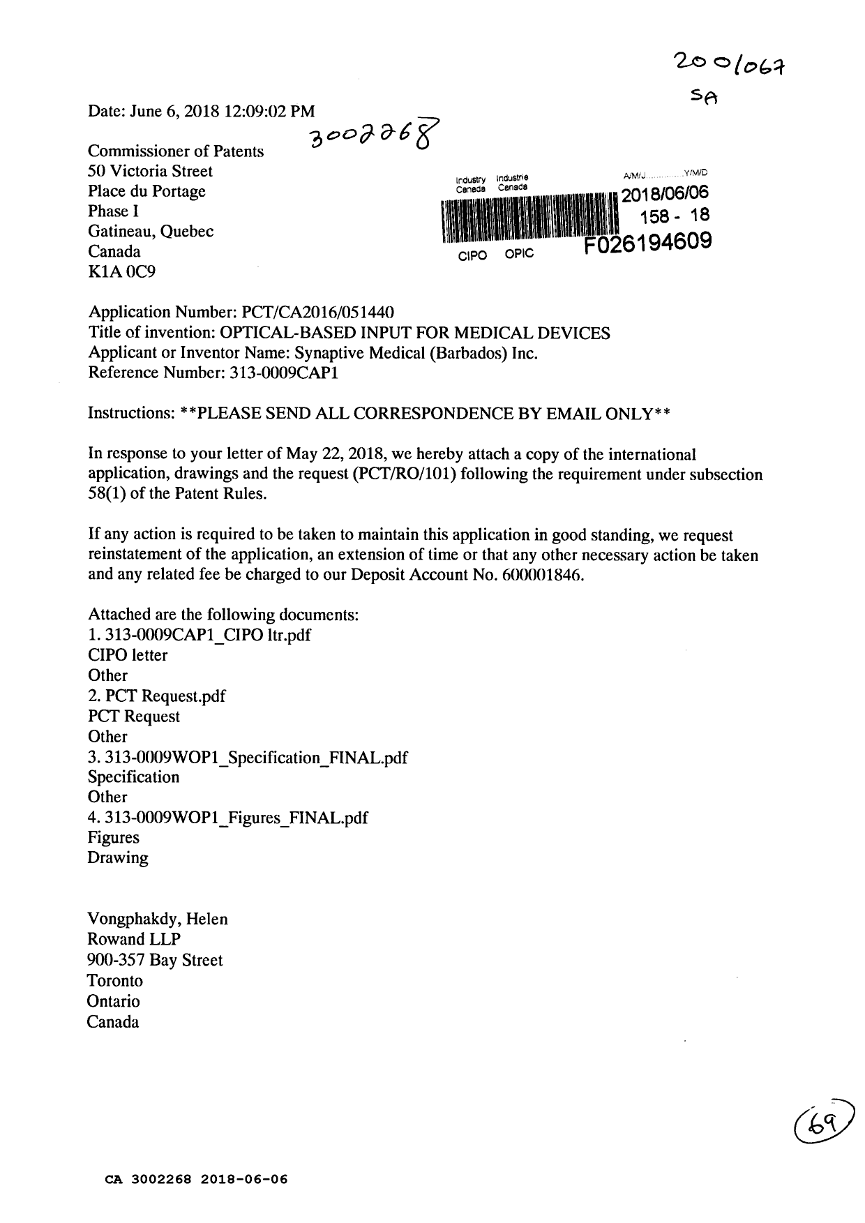 Document de brevet canadien 3002268. Réponse à une lettre d'une demande non publiée 20180606. Image 1 de 69