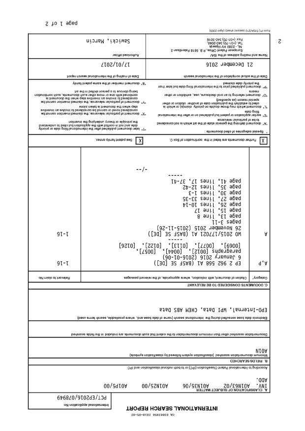 Canadian Patent Document 3003956. International Search Report 20180502. Image 1 of 3