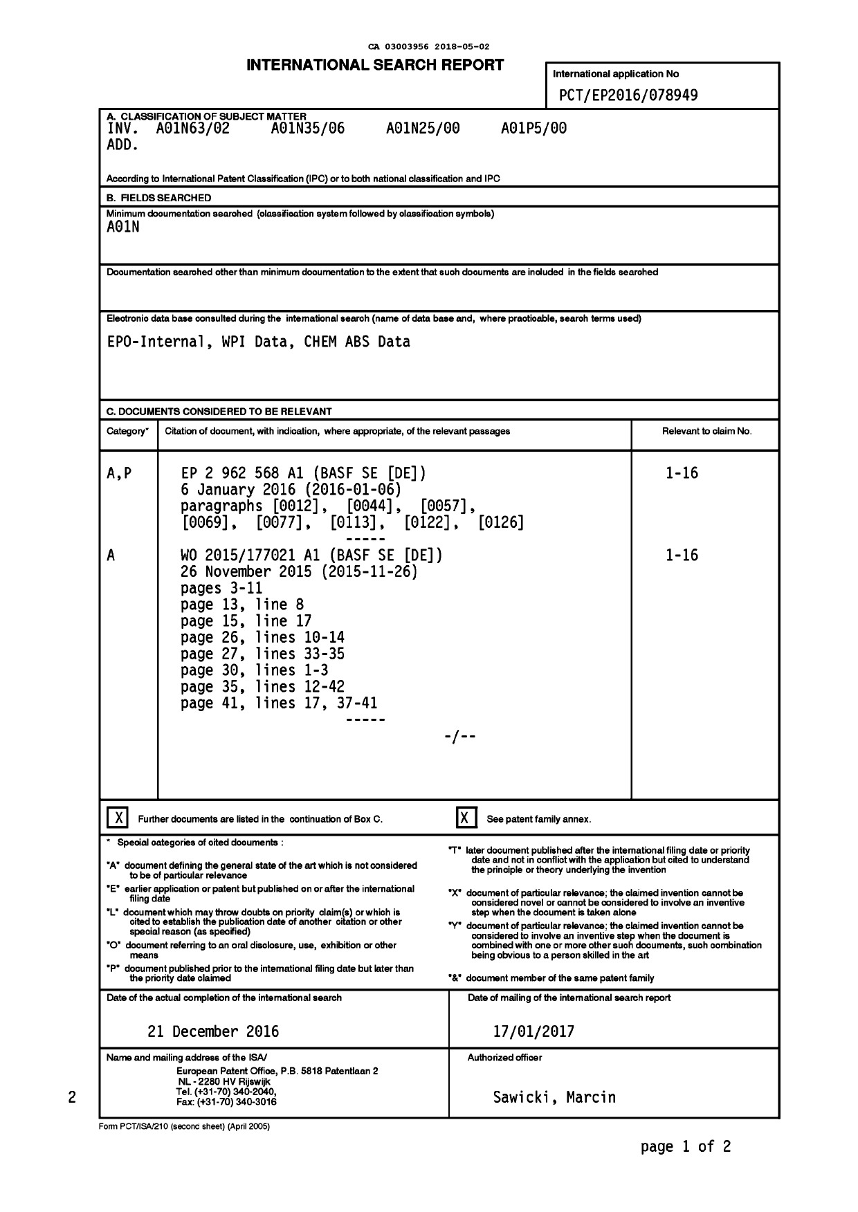 Document de brevet canadien 3003956. Rapport de recherche internationale 20180502. Image 1 de 3
