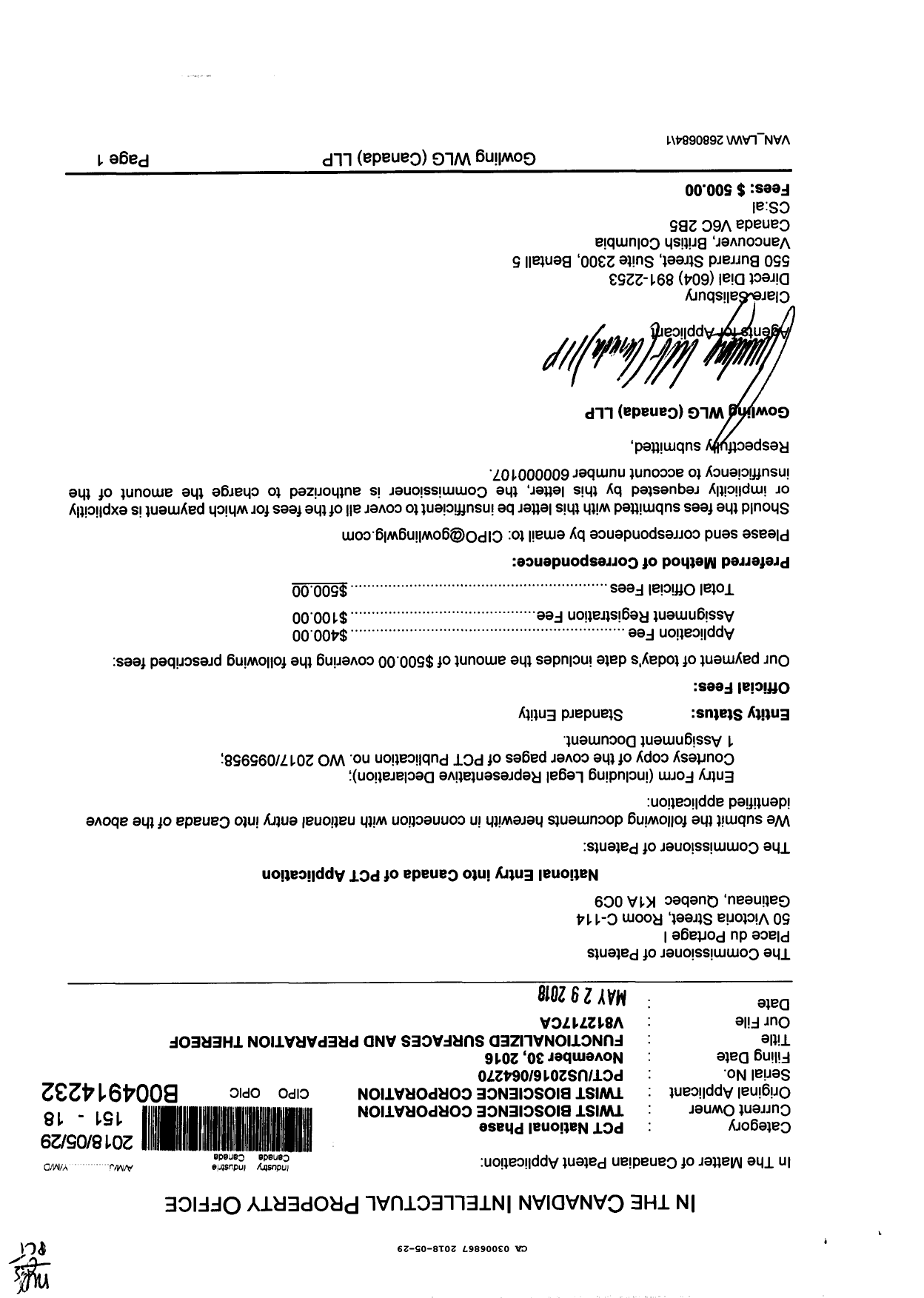 Document de brevet canadien 3006867. Demande d'entrée en phase nationale 20180529. Image 1 de 6