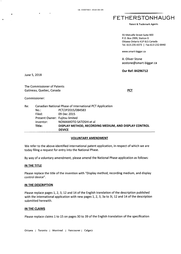 Document de brevet canadien 3007463. Modification volontaire 20180605. Image 1 de 27