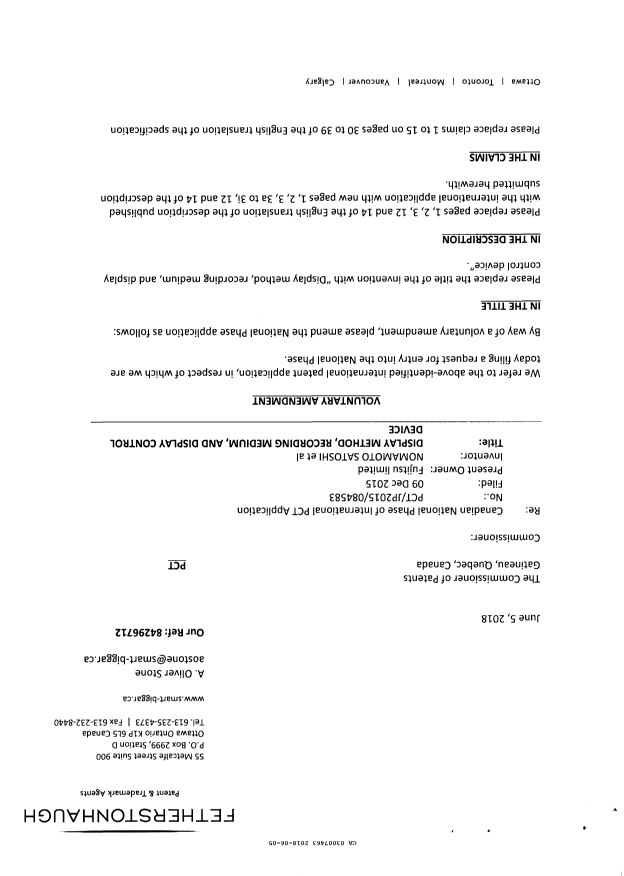Canadian Patent Document 3007463. Voluntary Amendment 20180605. Image 1 of 27