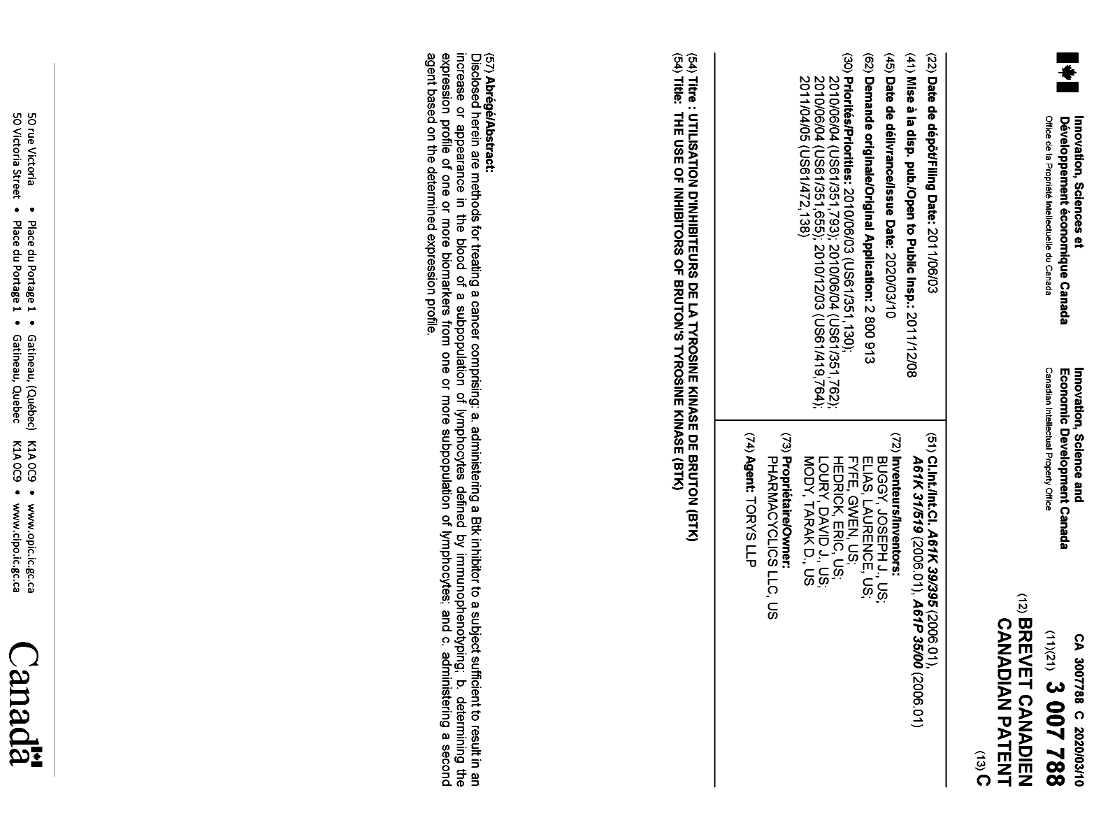 Document de brevet canadien 3007788. Page couverture 20200212. Image 1 de 1