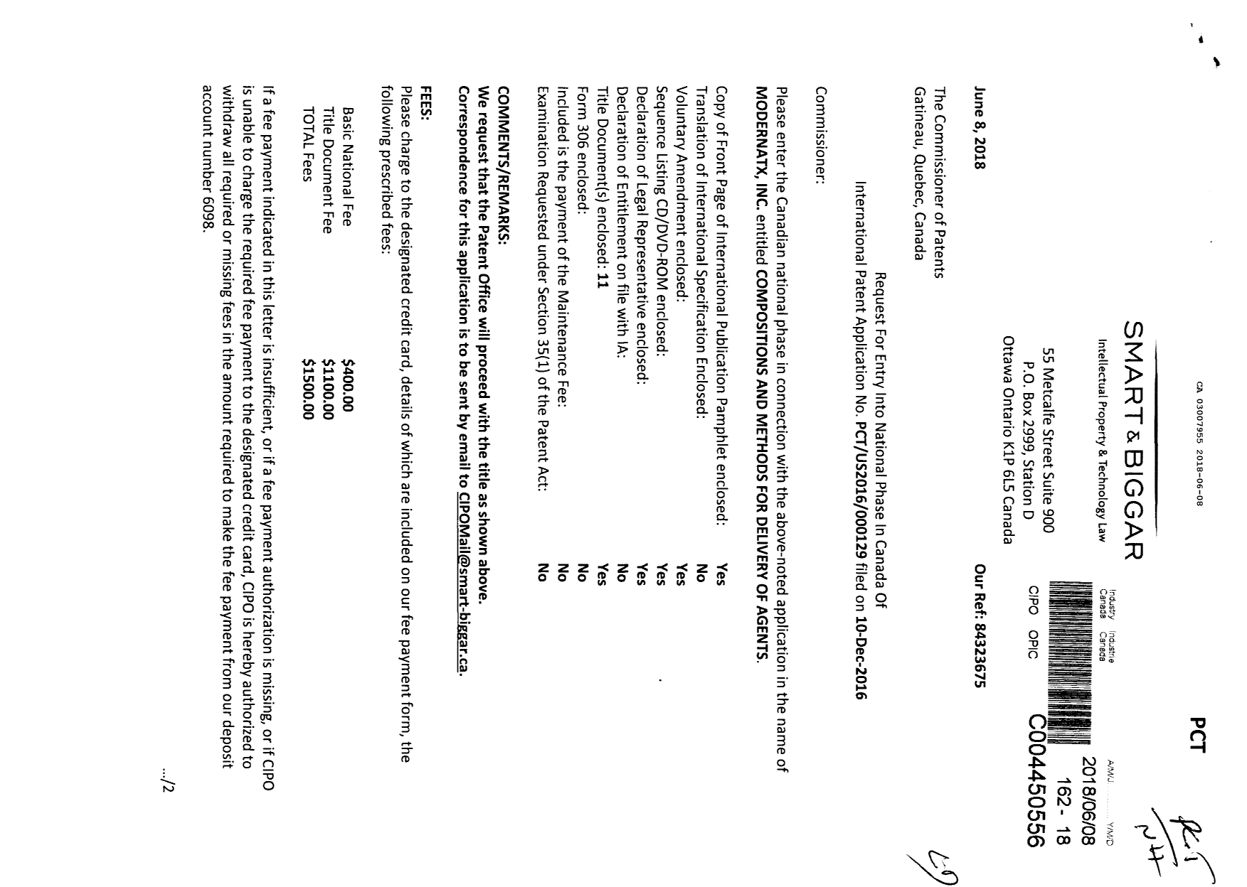 Canadian Patent Document 3007955. National Entry Request 20180608. Image 1 of 33
